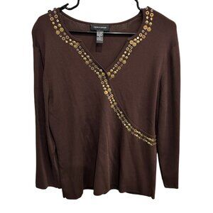 Cable & Gauge Womens Long Sleeve V Neck Top Gold Sequin Details Sz XL